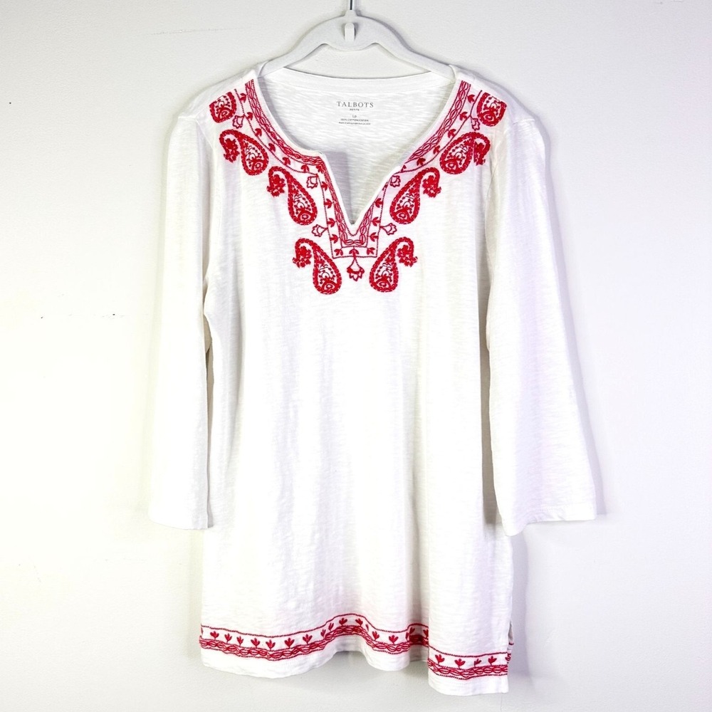 Talbots T-shirt Women LP White Red Paisley Embroidered 3/4 Slv Slub Cotton Tunic